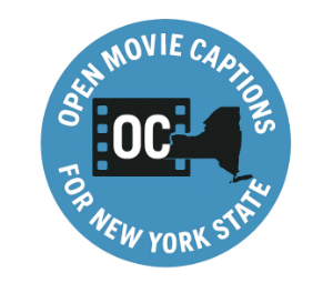 FILM WITH OC FOR OPEN CAPTIONS SITS NEXT TO MAP OF NEW YORK STATE